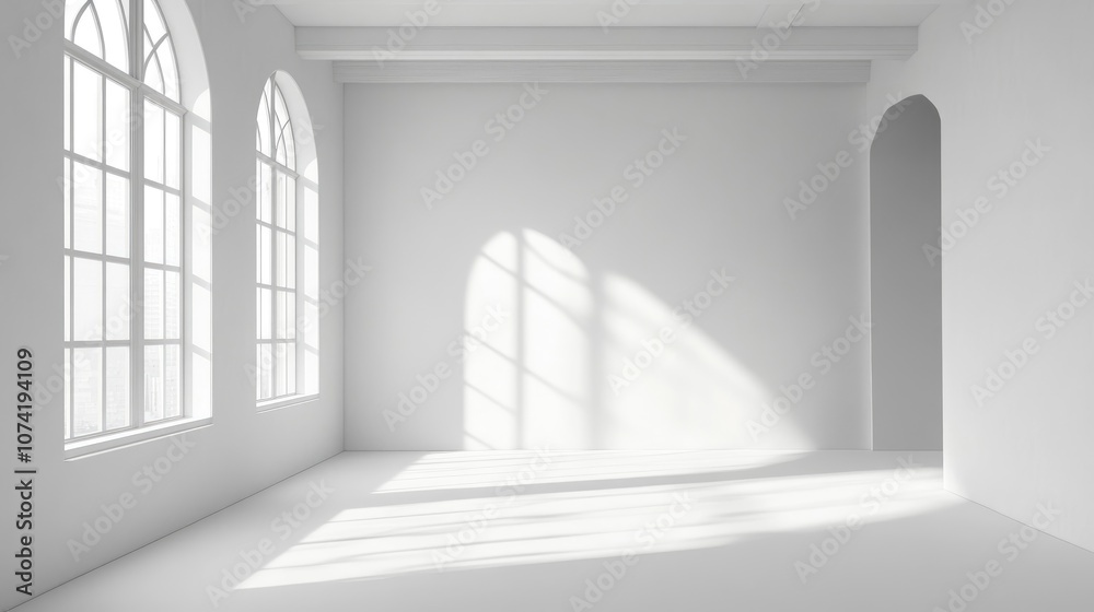Fototapeta premium Minimalistic architectural interior in white featuring a window 3D rendering and illustration