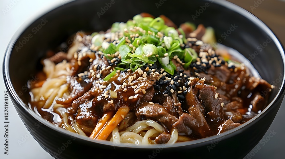 A bowl of jjajangmyeon, noodles served with a thick black bean sauce, pork, and vegetables.
A bowl of jjajangmyeon, noodles served with a thick black bean sauce, pork, and vegetables.