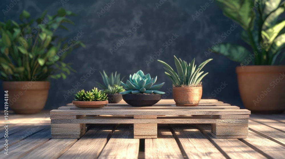3D rendering of an unfinished draft sketch featuring succulent plants on a coffee table made of pallets 3D rendering of an unfinished draft sketch featuring succulent plants on a coffee table made of pallets