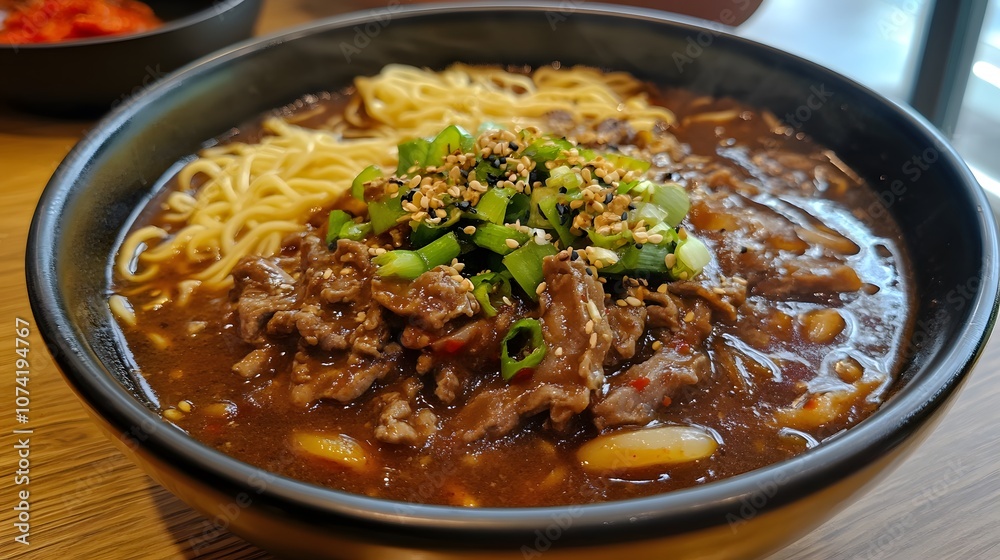 A bowl of jjajangmyeon, noodles served with a thick black bean sauce, pork, and vegetables.
A bowl of jjajangmyeon, noodles served with a thick black bean sauce, pork, and vegetables.