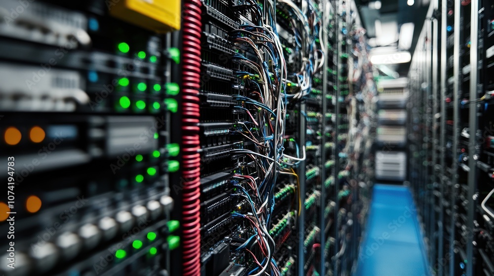 Illustration of a modern server room, a corridor in a data center with supercomputer racks, neon lights and coolers. Ai generated image Illustration of a modern server room, a corridor in a data center with supercomputer racks, neon lights and coolers. Ai generated image