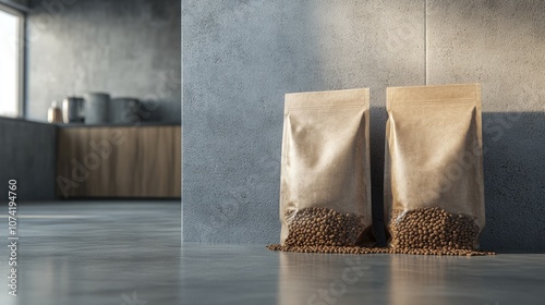 3D rendering of two premium dog food bags placed beside a wall featuring 4 kg packages of veterinary pet nutrition kibbles photo