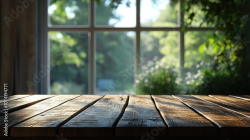 3D rendering of a wooden table surface with a blurred window background for product display or key visual layout design