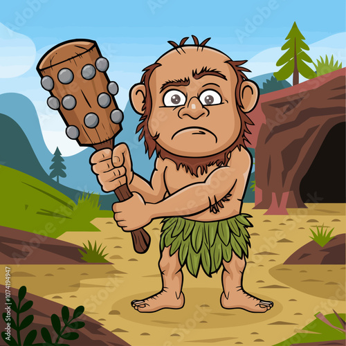 Cartoon caveman with a large wooden club and leaf skirt.