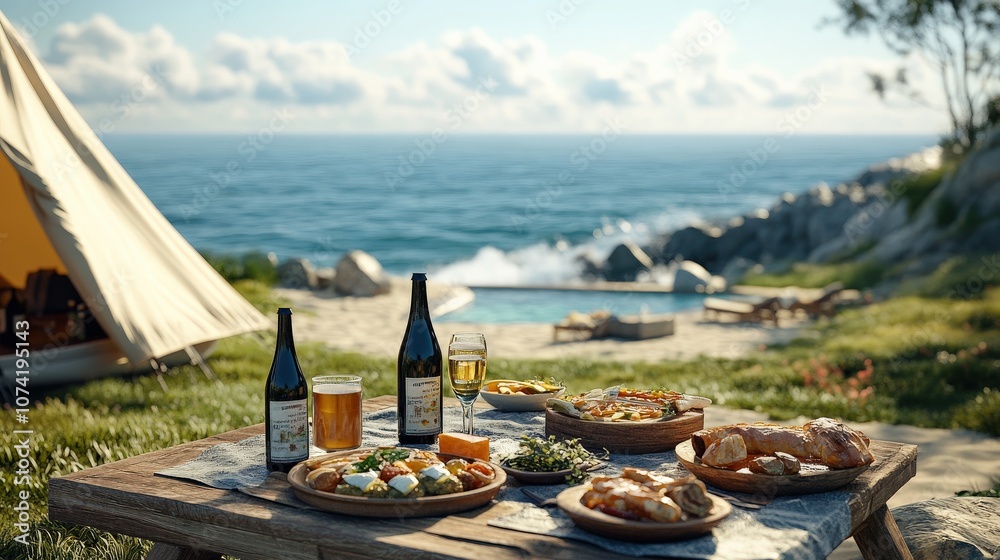 Fototapeta premium Scenic Picnic Table with Food, Wine, and Beer Overlooking Ocean and Grassland, Camping Tent with View of Blue Sea, Sandy Beaches, Rocks, and Swimming Pools on a Sunny Day