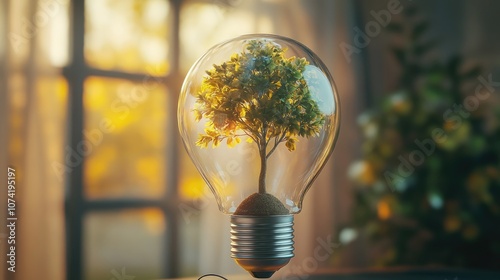3D rendering of a small tree inside a light bulb suspended on a wire stand showcasing a creative DIY light bulb vase concept