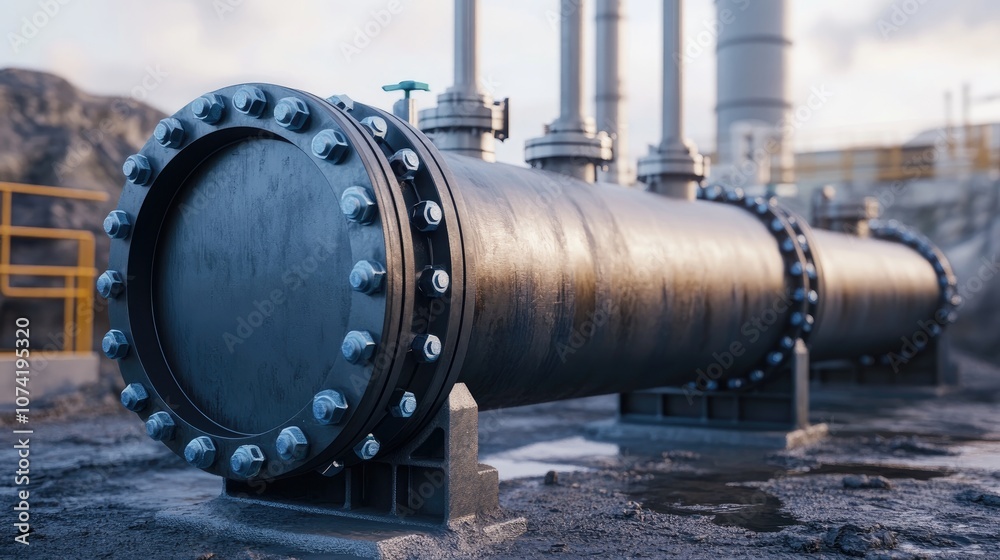 3D rendering of iron pipe installation on a large oxygen cylinder