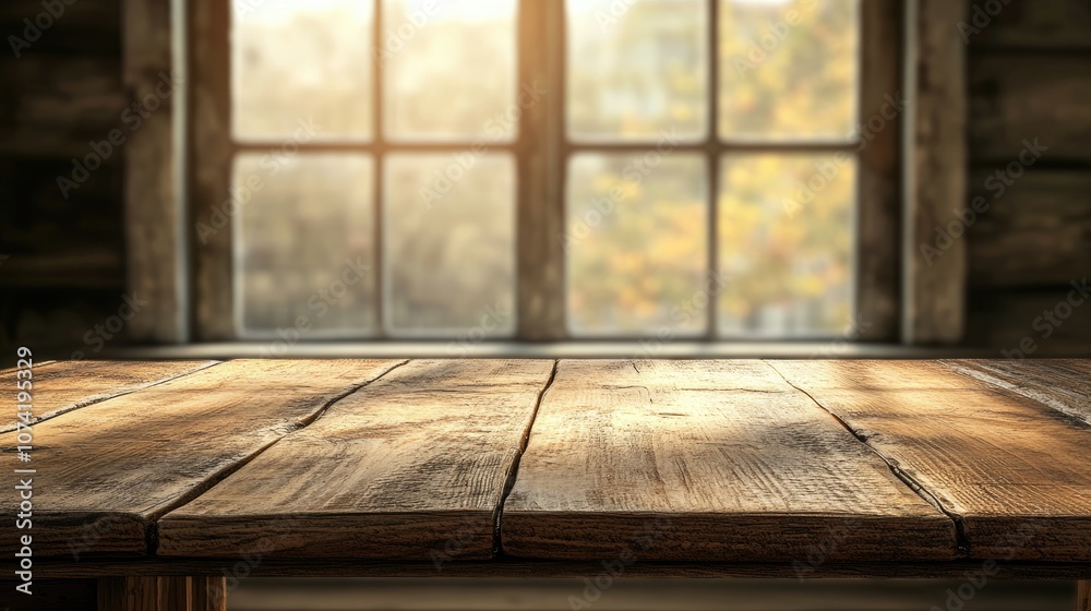 3D rendering of a wooden table surface with a blurred window background for product display or key visual layout design 3D rendering of a wooden table surface with a blurred window background for product display or key visual layout design