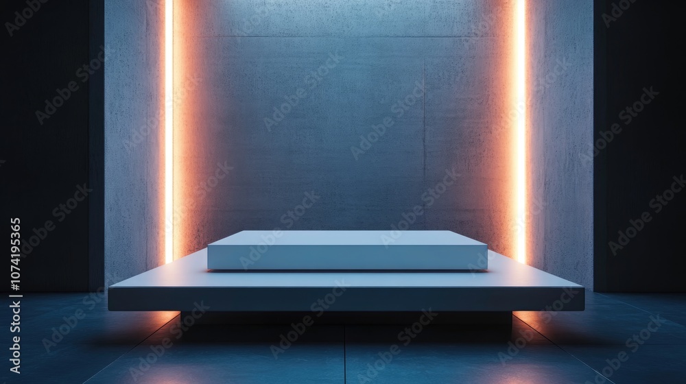 3D rendering of a futuristic white product podium in an illuminated space with neon lighting 3D rendering of a futuristic white product podium in an illuminated space with neon lighting