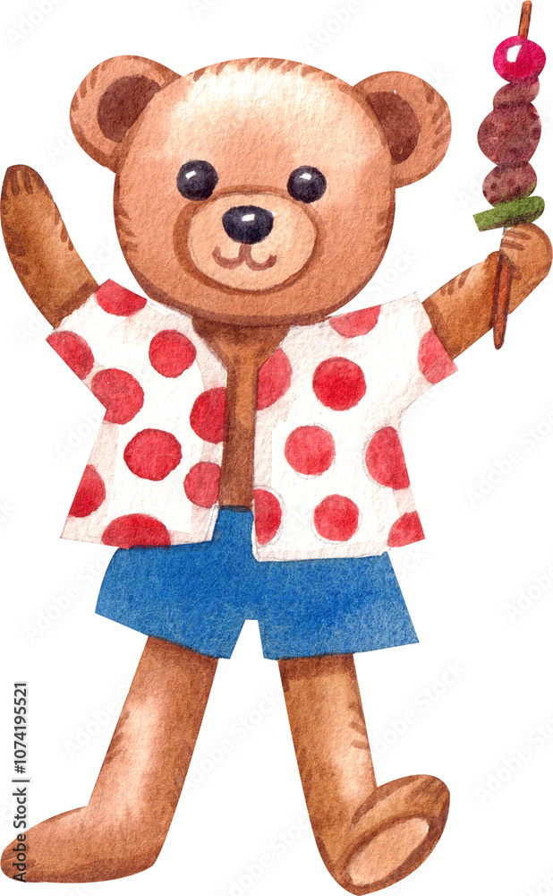 Hand-drawn Brown bear is holding a barbecue grill Watercolor Hand-drawn Brown bear is holding a barbecue grill Watercolor