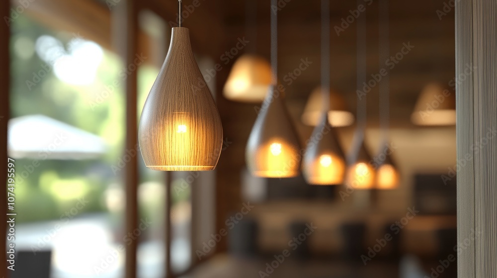 3D rendering of a group of hanging lights featuring a shallow depth of field in a wooden designed interior space 3D rendering of a group of hanging lights featuring a shallow depth of field in a wooden designed interior space