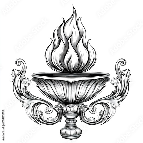  campfire with roaring flames in an engraved style: photo