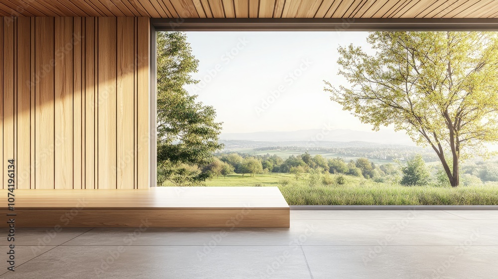 Beige and wooden empty home interior with a mock up blank wall and panoramic window showcasing a countryside view Living or relaxation room design in 3D rendering featuring no furniture or people Beige and wooden empty home interior with a mock up blank wall and panoramic window showcasing a countryside view Living or relaxation room design in 3D rendering featuring no furniture or people