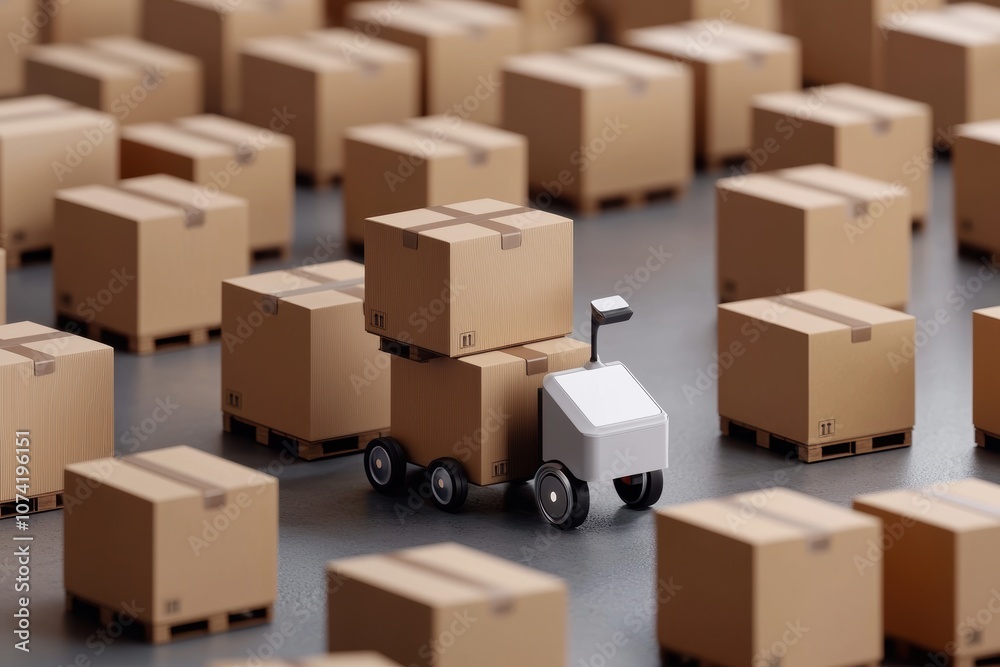 Fototapeta premium A small robotic vehicle transporting boxes among numerous cardboard packages in a warehouse setting.