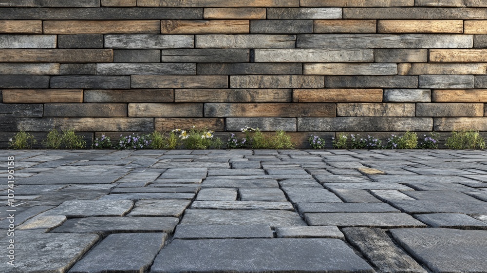3D rendering of stone pavers set against a wooden wall background 3D rendering of stone pavers set against a wooden wall background