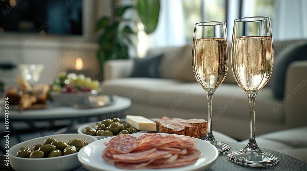 3D rendering of two glasses of chilled champagne accompanied by plates of assorted snacks on a table featuring white plates filled with ham salami capers olives and cheese in a cozy living room se 3D rendering of two glasses of chilled champagne accompanied by plates of assorted snacks on a table featuring white plates filled with ham salami capers olives and cheese in a cozy living room se