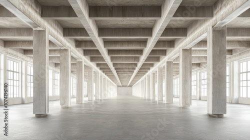 3D rendering of an empty wide hall with beams featuring abstract architecture and conceptual design