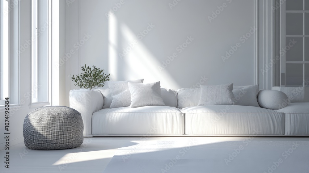 3D rendering of a white living room featuring a sofa in Scandinavian interior design style 3D rendering of a white living room featuring a sofa in Scandinavian interior design style