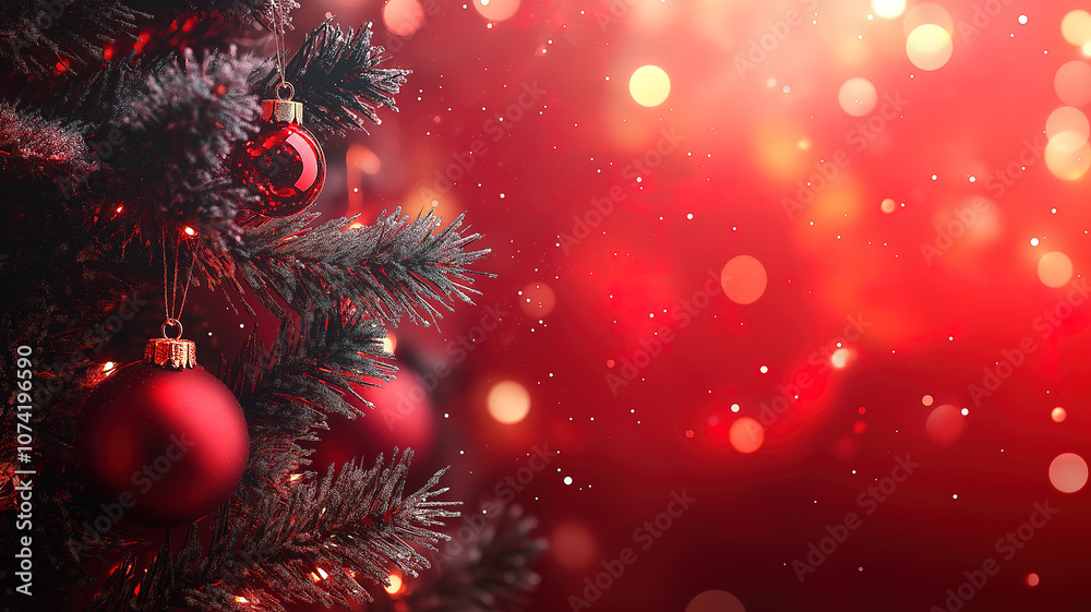 Christmas tree with ornaments on a red background, featuring abstract defocused lights Christmas tree with ornaments on a red background, featuring abstract defocused lights