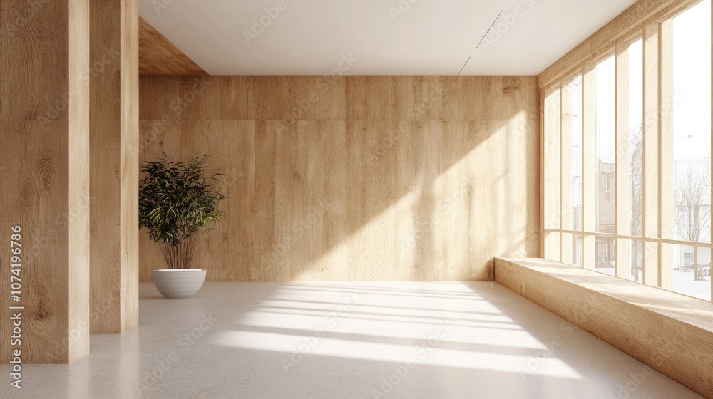 Obraz premium 3D rendering of a wooden wall interior design featuring plywood materials
