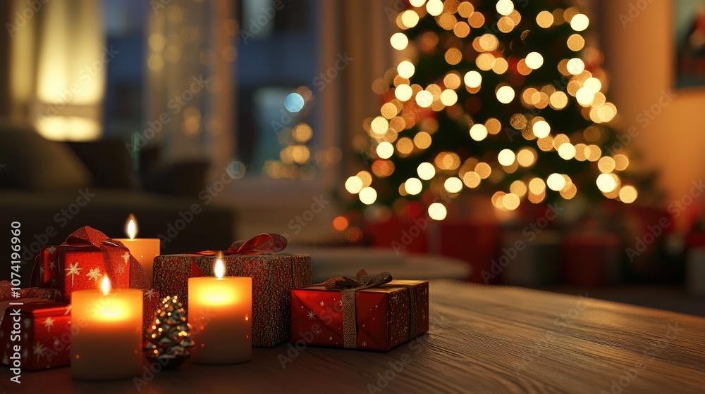 3D rendering of a festive interior featuring candles bulbs and bokeh adorned for a Christmas celebration with a Christmas tree and gifts 3D rendering of a festive interior featuring candles bulbs and bokeh adorned for a Christmas celebration with a Christmas tree and gifts