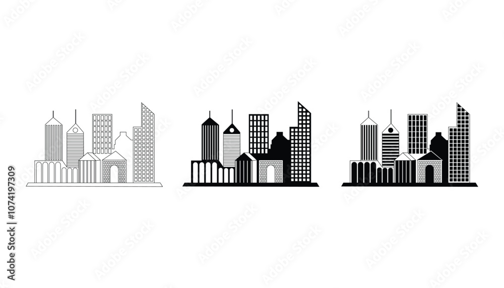Fototapeta premium City silhouette land scape. City landscape. Downtown landscape with high skyscrapers. Panorama architecture buildings illustration. Urban life, Modern Cityscape