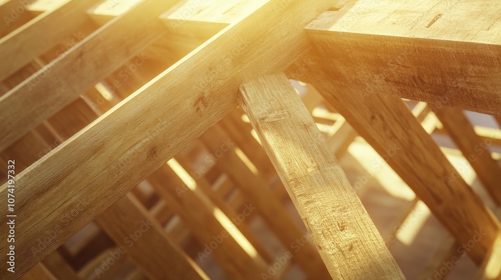 3D rendering of wooden beams being installed during the assembly of a framed roof 3D rendering of wooden beams being installed during the assembly of a framed roof