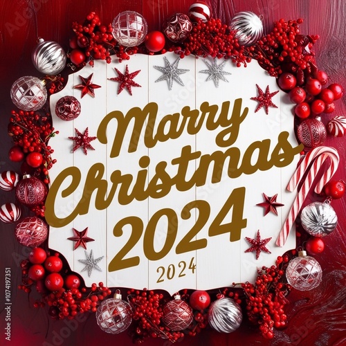Marry Christmas banner concept. White board with text Marry Christmas 2024 among christmas red decor, balls, berries,striped candy canes,stars on red background, top view, generative Ai 