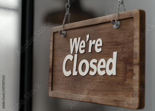 Closed sign A rustic wooden sign saying We re Closed perfect for adding a touch of vintage charm to your shop or home decor photo