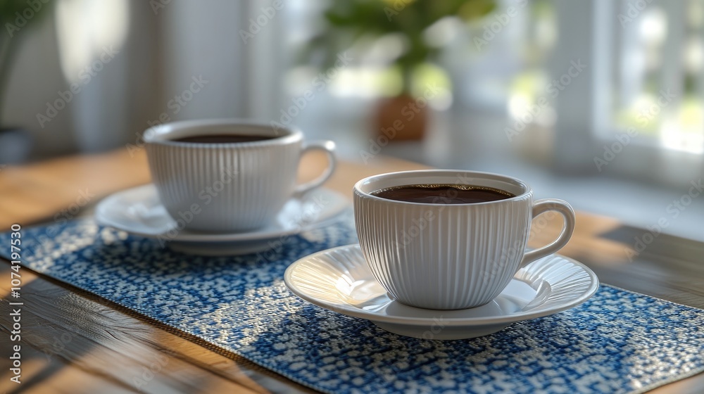 3D rendering of cups of coffee on decorative place mats 3D rendering of cups of coffee on decorative place mats