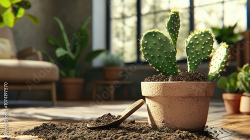 3D rendering of transplanting a potted opuntia cactus prickly pear into a larger flower pot with soil preparation using a scoop in a plant filled home interior