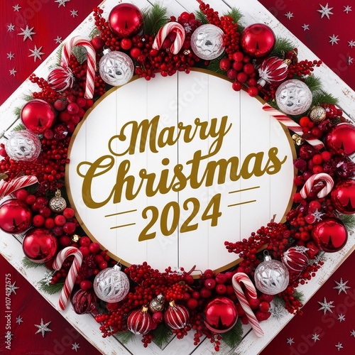 Marry Christmas banner concept. White board with text Marry Christmas 2024 among christmas red decor, balls, berries,striped candy canes,stars on red background, top view, generative Ai 