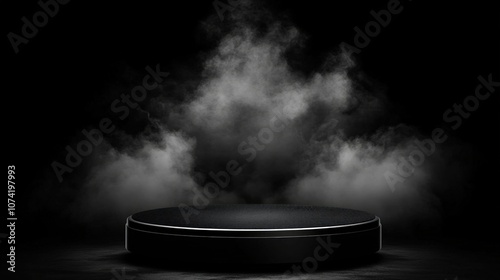 A dark scene featuring a circular platform with a textured surface, surrounded by mist, ideal for showcasing products or creating dramatic visual effects in advertising, presentations