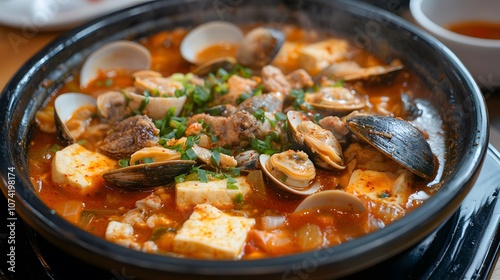 A bowl of soondubu jjigae, soft tofu stew with clams, pork, and vegetables in a spicy broth.