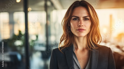 A portrait of a confident European woman in a tailored suit, captured in a modern office setting. The image conveys professionalism and elegance.