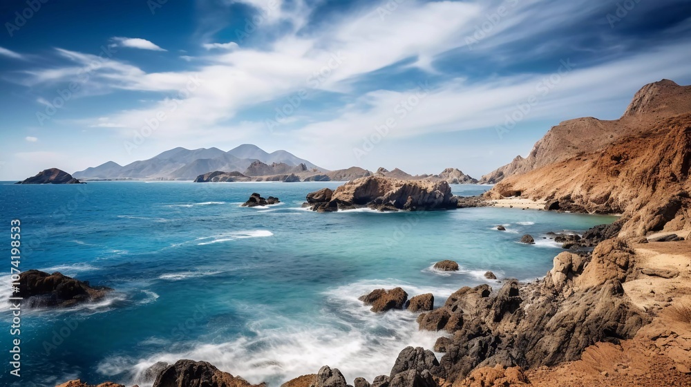Fototapeta premium Scenic coastal view with rocky formations and tranquil blue waters under a cloudy sky.
