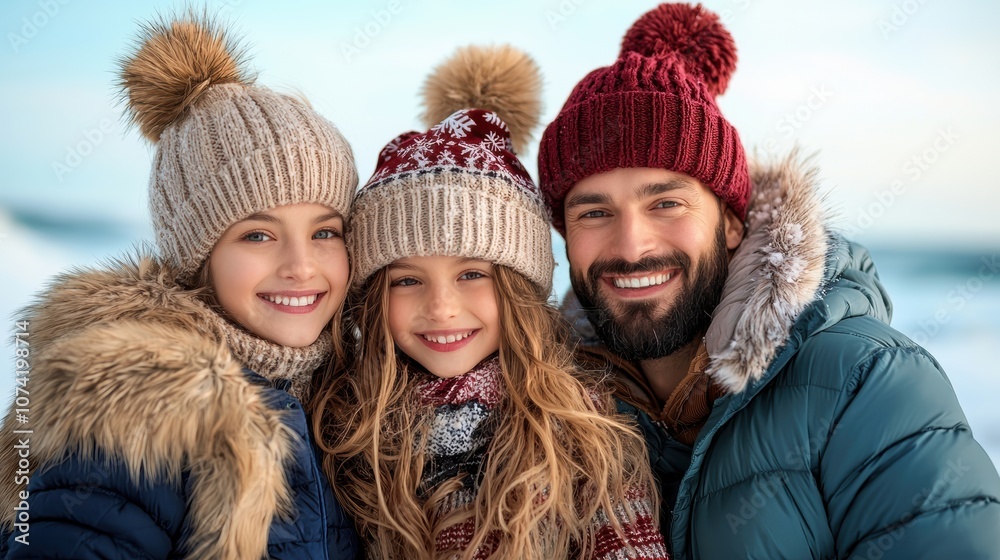A cheerful family portrait in winter attire, featuring two girls and a man, smiling against a snowy backdrop. A cheerful family portrait in winter attire, featuring two girls and a man, smiling against a snowy backdrop.