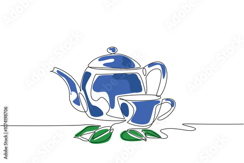 Continuous line drawing of a cup of tea with leaves and Chinese tea pot. Healthy drink of antioxidant and body refreshing. National Hot Tea Day event