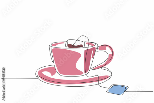 One line drawing of tea in beauty porcelain saucer cup, National Hot Tea Day. A glass tea bag soothing blend and aromatic. 12 January. Worldwide event