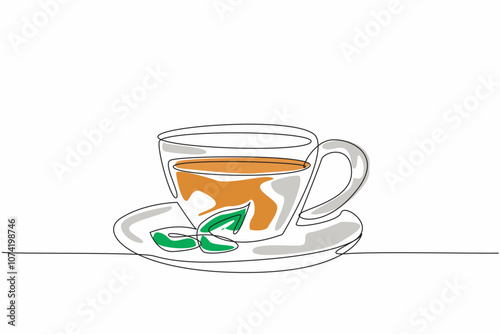 Single line drawing a cup of tasty green tea with leaf on side glass. Healthy and fresh drink. Celebrate National Hot Tea Day. World event. 12 January
