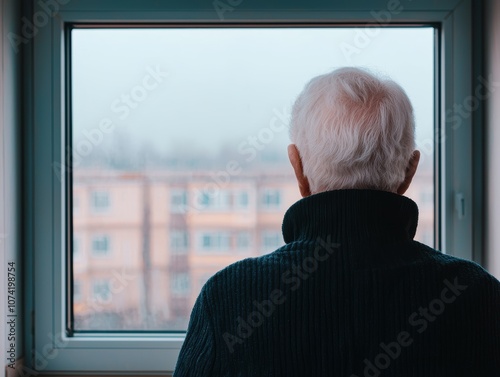 A contemplative elderly person gazes out of a window, reflecting on the world beyond, surrounded by a muted backdrop of buildings. photo