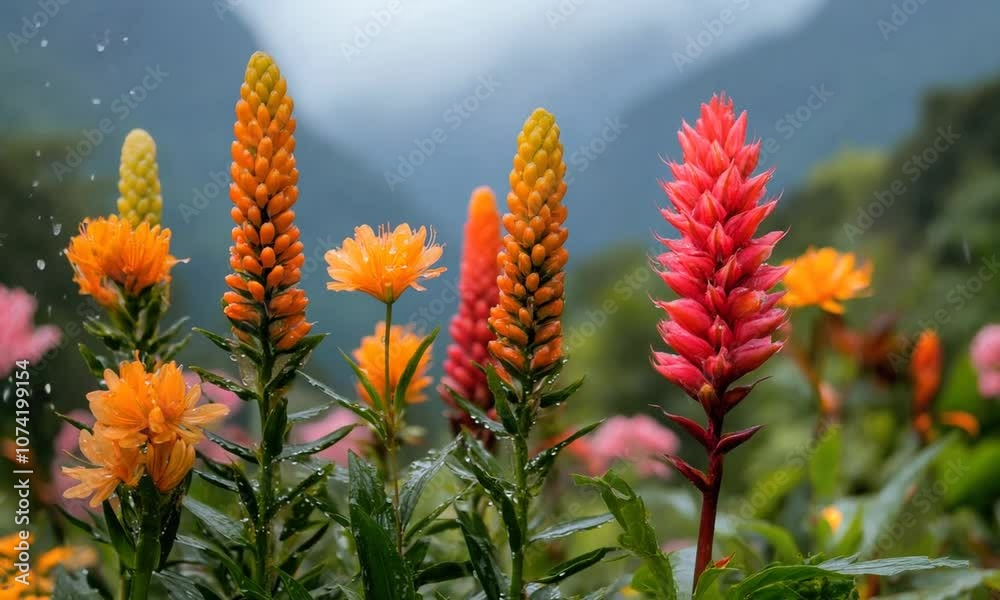 Vibrant flowers in various colors bloom against a blurred mountainous backdrop. Vibrant flowers in various colors bloom against a blurred mountainous backdrop.