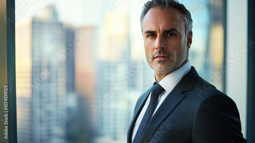 Portrait of a middle-aged European male businessman in a suit, exuding confidence and professionalism, set against an urban cityscape background. Ideal for business-related themes.