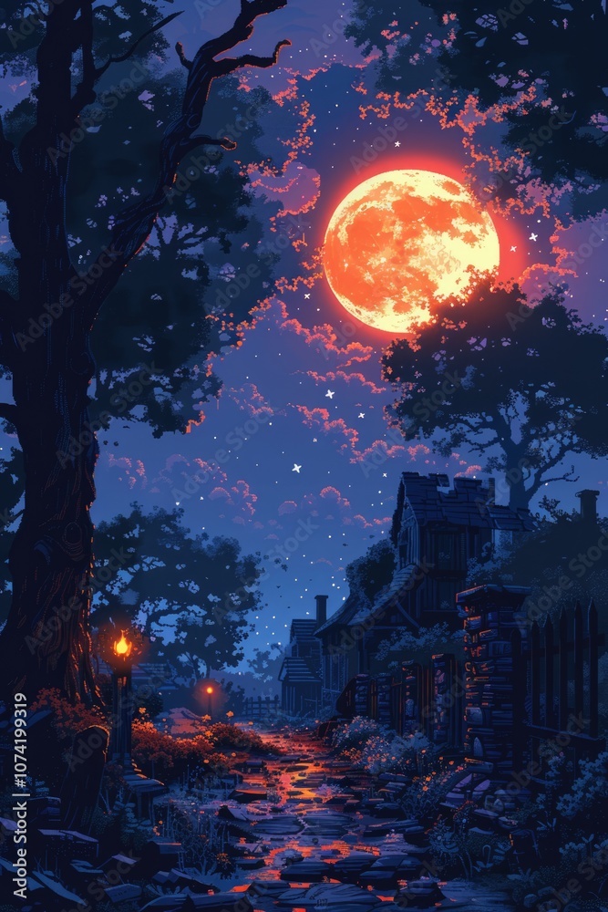 pixel art image depicts a serene night scene with a large, glowing red moon illuminating a quiet street. The street is lined with trees and lampposts, casting long shadows on the pavement. The sky is pixel art image depicts a serene night scene with a large, glowing red moon illuminating a quiet street. The street is lined with trees and lampposts, casting long shadows on the pavement. The sky is