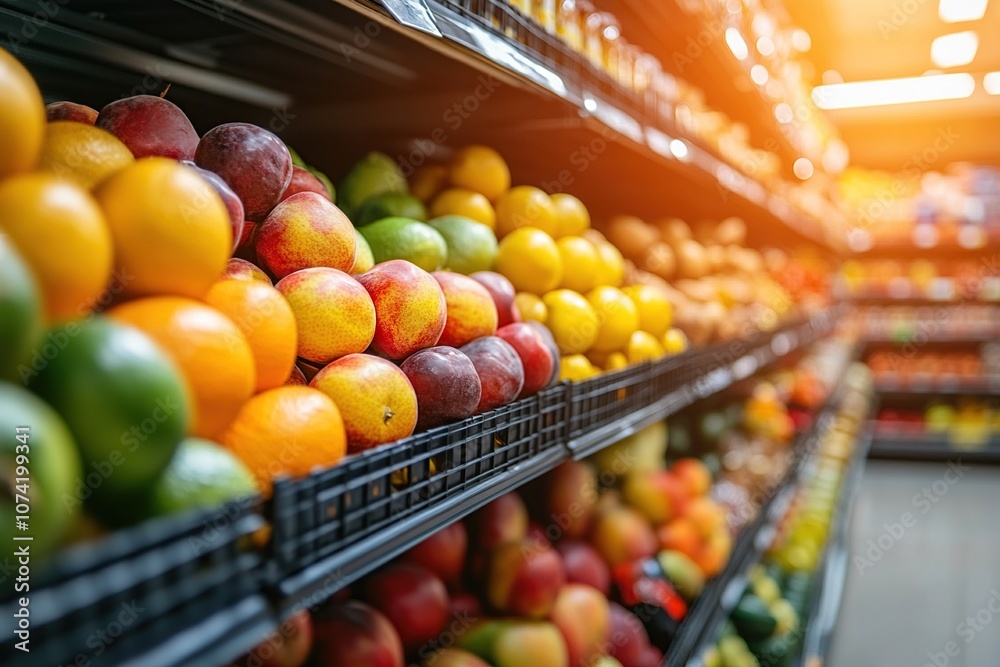 A well-stocked supermarket aisle with fresh fruit on display. A well-stocked supermarket aisle with fresh fruit on display.