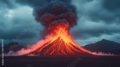 Majestic volcano erupts spectacularly under a moody sky, creating flowing lava and billowing ash clouds in a remote landscape photo
