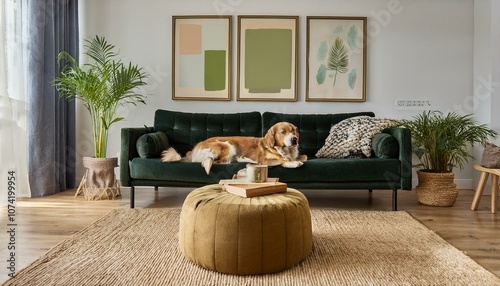 Ai Generate Stylish interior of living room with design furniture, gold pouf, plant, mock up poster frames, carpet, accessoreis and beautiful dog lying on the sofa in cozy home decor  photo