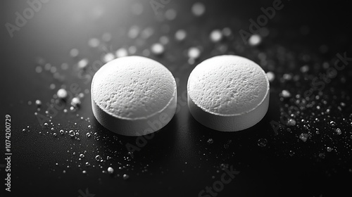 Close Up of Two White Tablets on a Dark Surface with Splashes photo