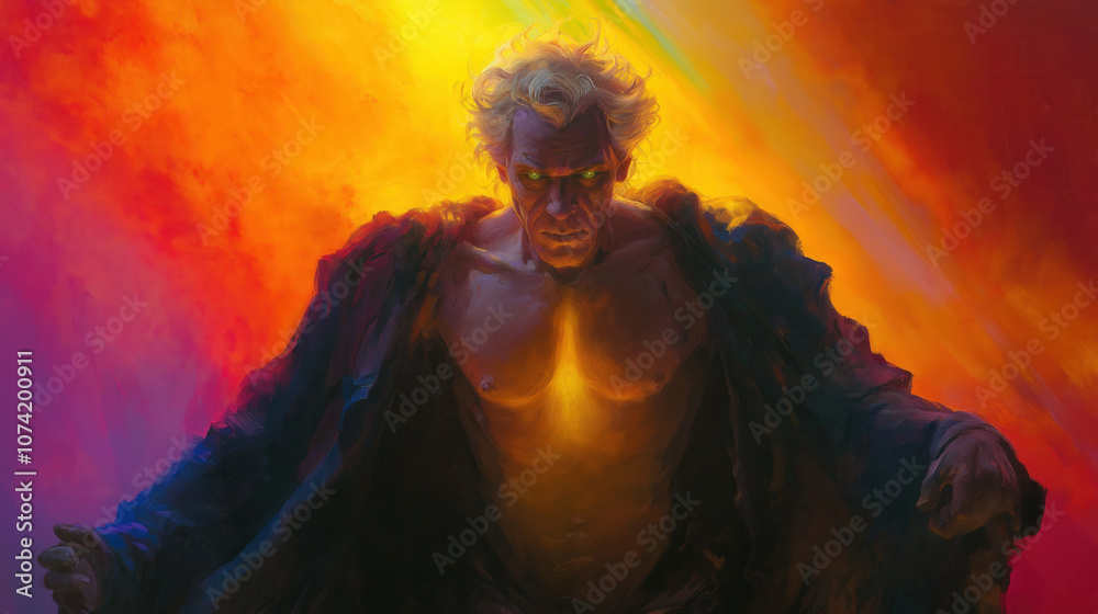 A powerful figure emanates light against a vivid, fiery background showcasing strength and presence in dynamic art A powerful figure emanates light against a vivid, fiery background showcasing strength and presence in dynamic art