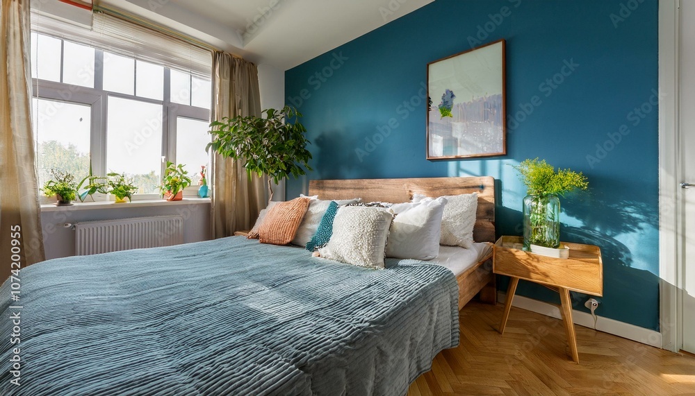 Fototapeta premium Ai Generate Stylish and modern sunny bedroom interior with small wooden night table , garden in a jar, white bedding, colours pilows and blanket Space with blue walls and brown wooden parquet